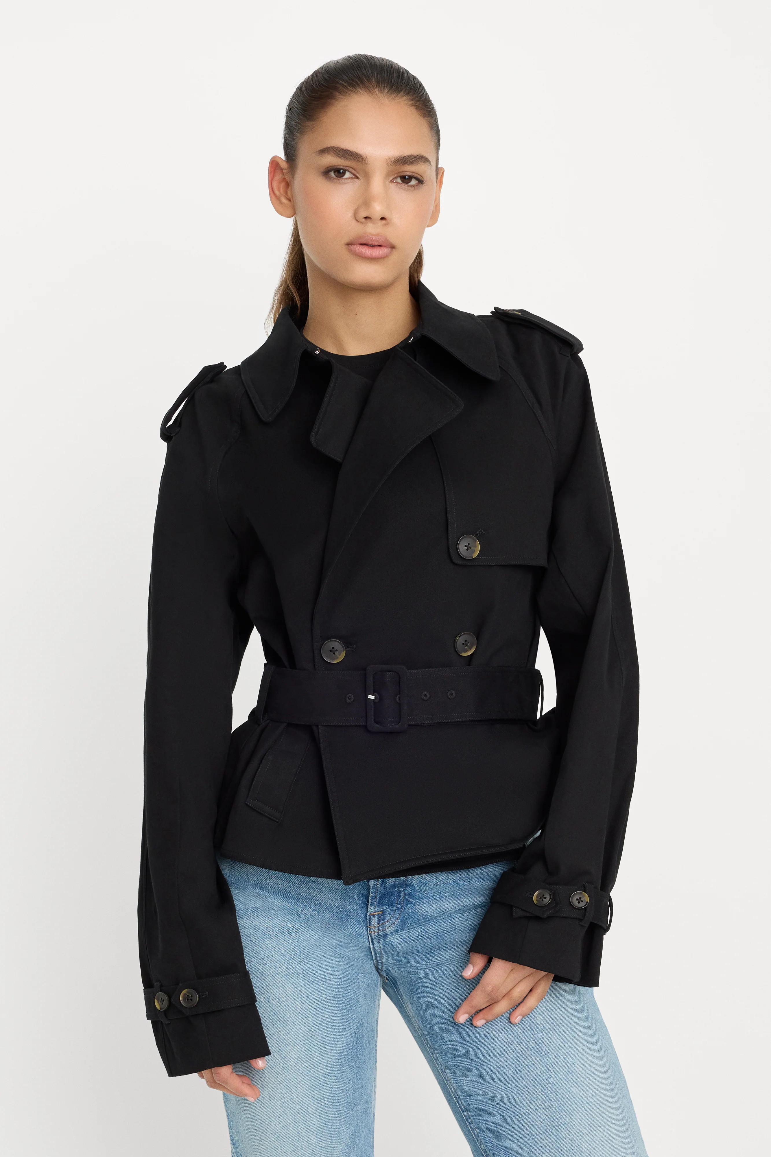 CROPPED TRENCH JACKET | BLACK001