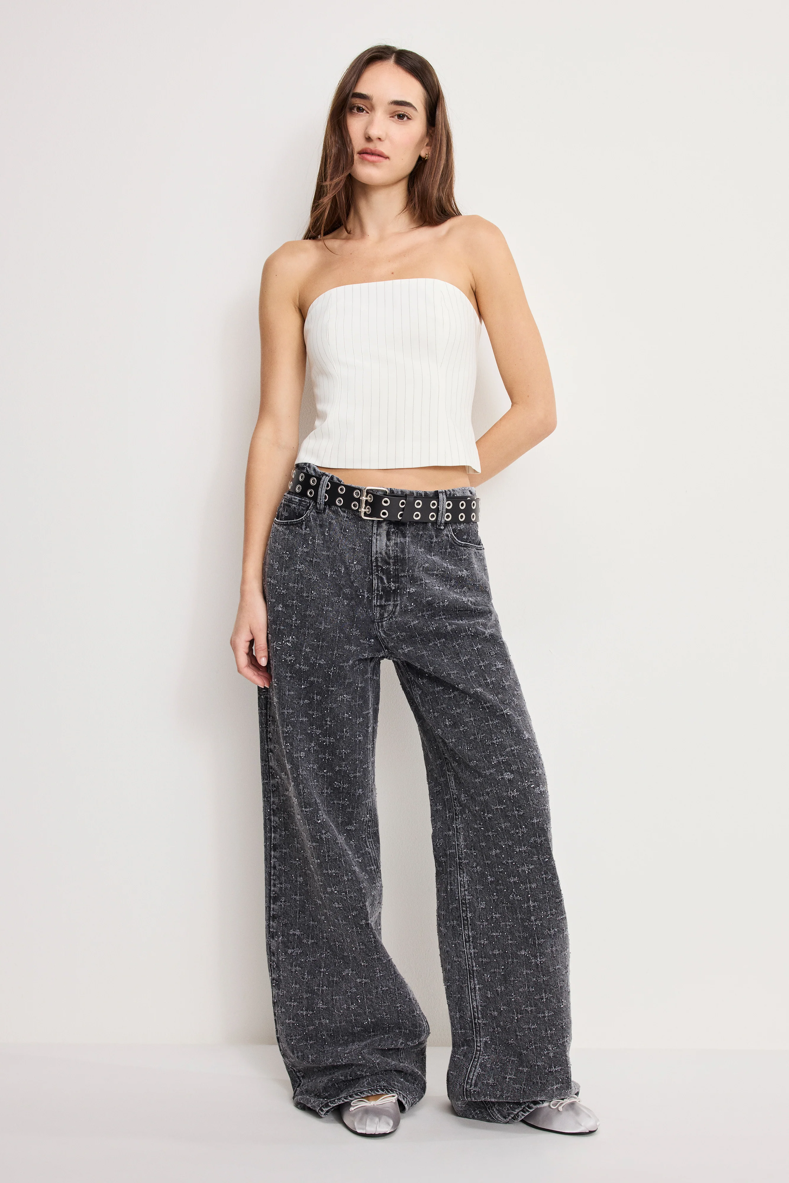 ESSENTIAL SUITING STRAPLESS TOP | CHESTNUT PIN STRIPE