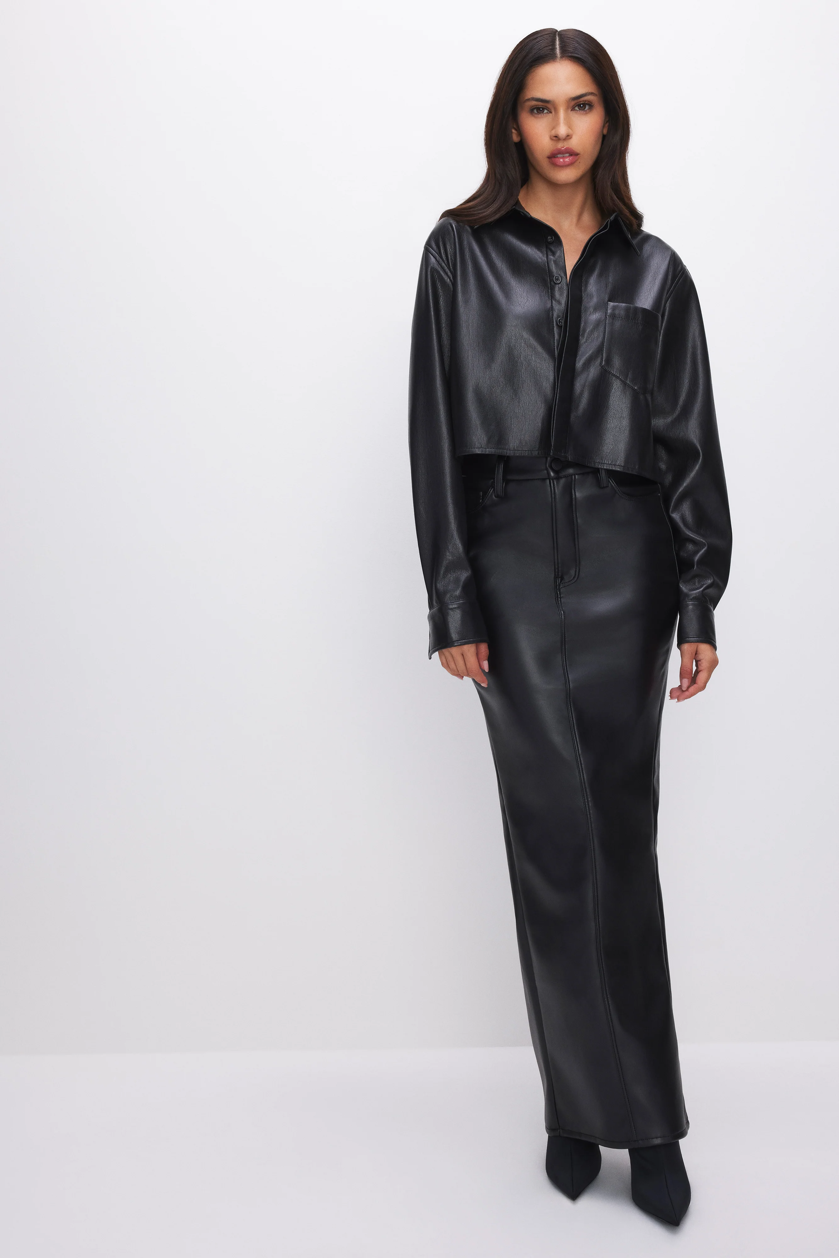 FAUX LEATHER CROPPED SHIRT | BLACK001