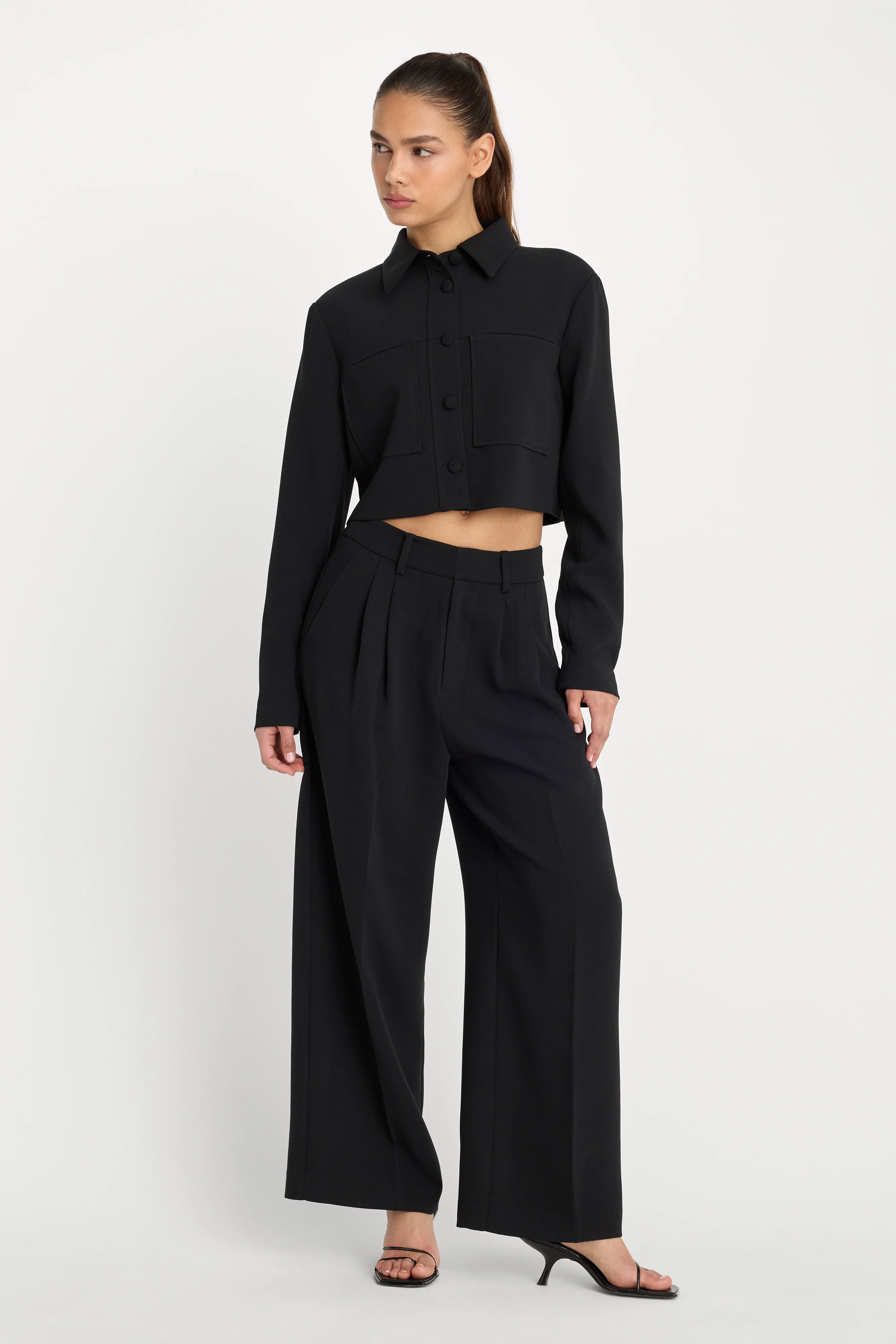 LUXE SUITING HIGH-RISE CROPPED WIDE LEG TROUSER | BLACK001