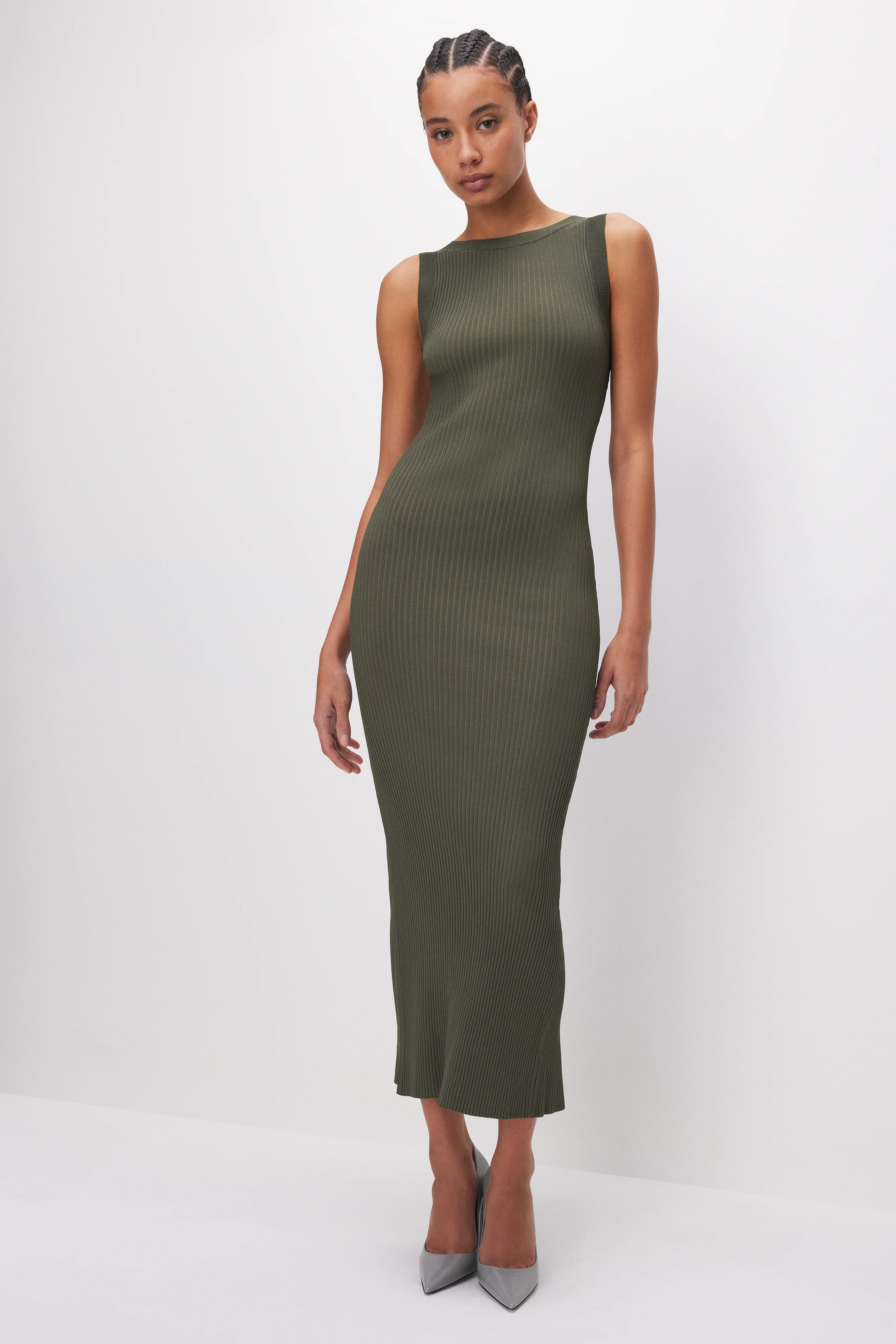 STRETCH RIB SCOOP BACK MIDI DRESS | FATIGUE001
